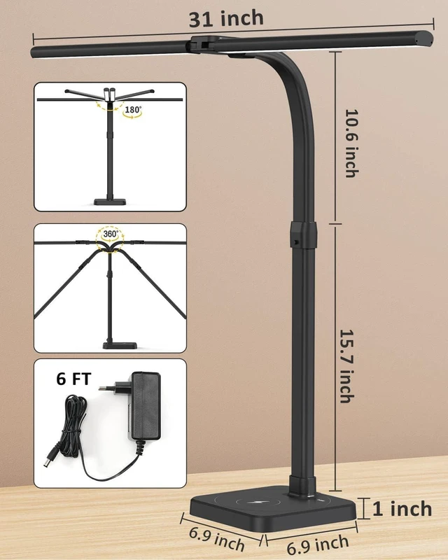 Alt view image 11 of 14 - LED Desk Lamp for Home Office, Double Head 24W with Base, Architect Light 5 Lighting Brightness Flexible Gooseneck Table Reading Study, Black