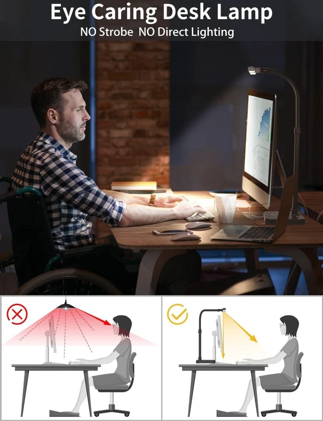 Alt view image 12 of 14 - LED Desk Lamp for Home Office, Double Head 24W with Base, Architect Light 5 Lighting Brightness Flexible Gooseneck Table Reading Study, Black