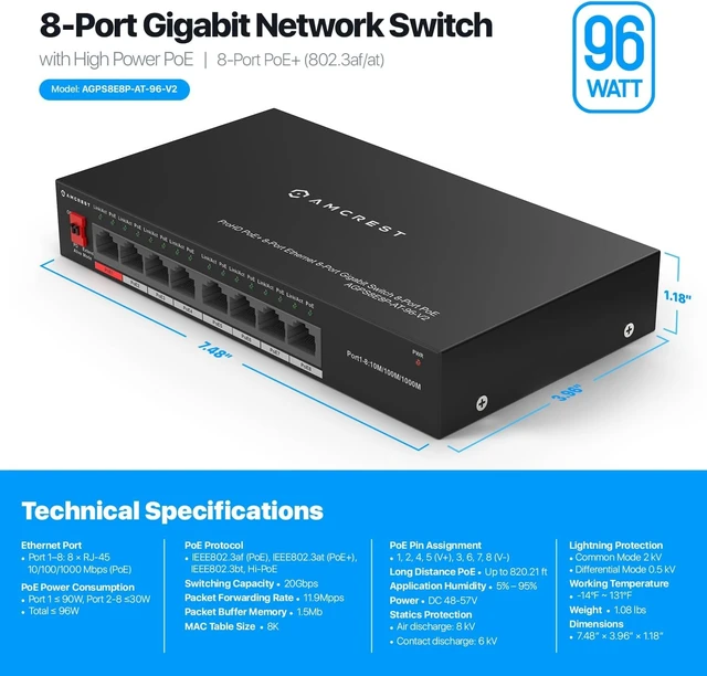 Alt view image 10 of 10 - Amcrest 8-Port POE+ Power Over Ethernet POE Switch with Metal Housing, 8-Ports POE+ 802.3af/at 96w (AGPS8E8P-AT-96-V2)