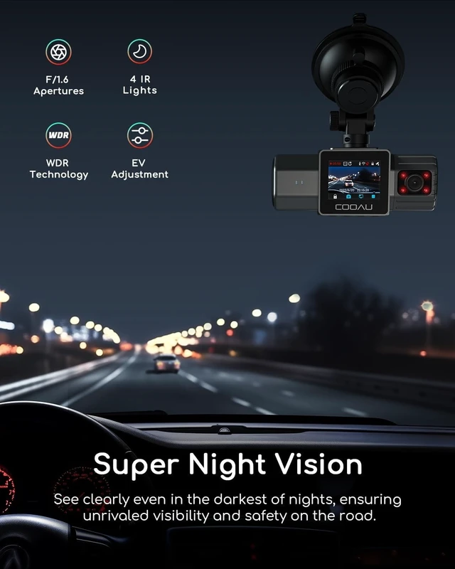 Alt view image 11 of 14 - COOAU 4K Dual Dash Cam, Built-in GPS Wi-Fi, 2.5K+1080P Dash Cam Front and Inside with Infrared Night Vision, Dash Camera with Parking Mode, Loop Recording, Support 256GB Max