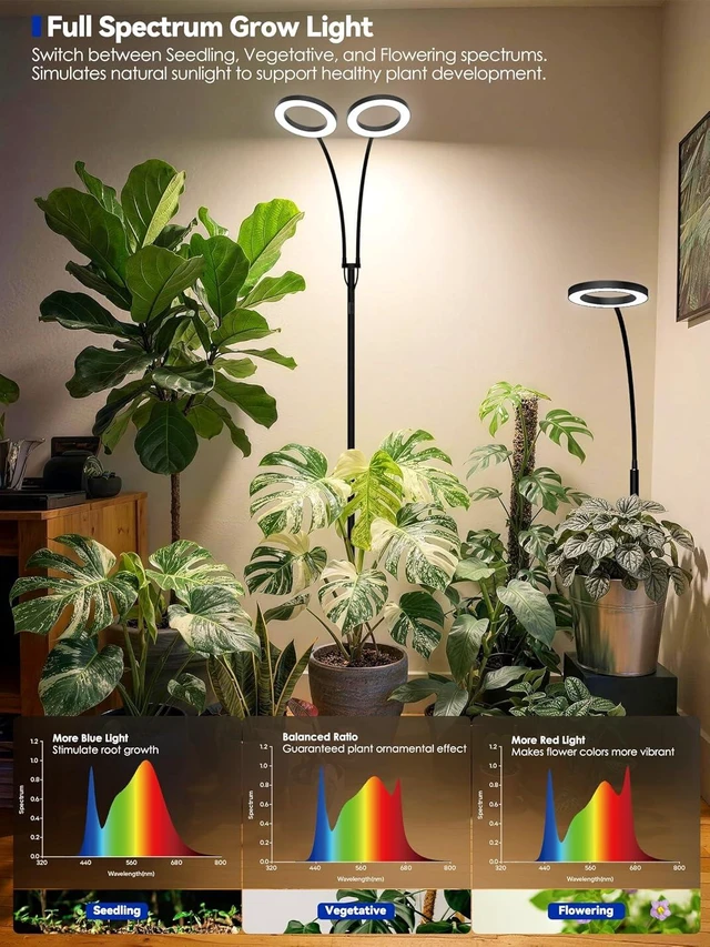 Alt view image 9 of 14 - GLOWRIUM Grow Lights for Indoor Plants, Full Spectrum LED Grow Light Floor Lamp with Stand Adjustable Height and Angle, Black Plant Light with 3/9/12H Grow Light Timer (Black, 20W)