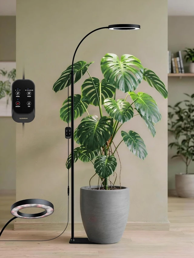 Alt view image 8 of 14 - GLOWRIUM Grow Lights for Indoor Plants, Full Spectrum LED Grow Light Floor Lamp with Stand Adjustable Height and Angle, Black Plant Light with 3/9/12H Grow Light Timer (Black, 20W)
