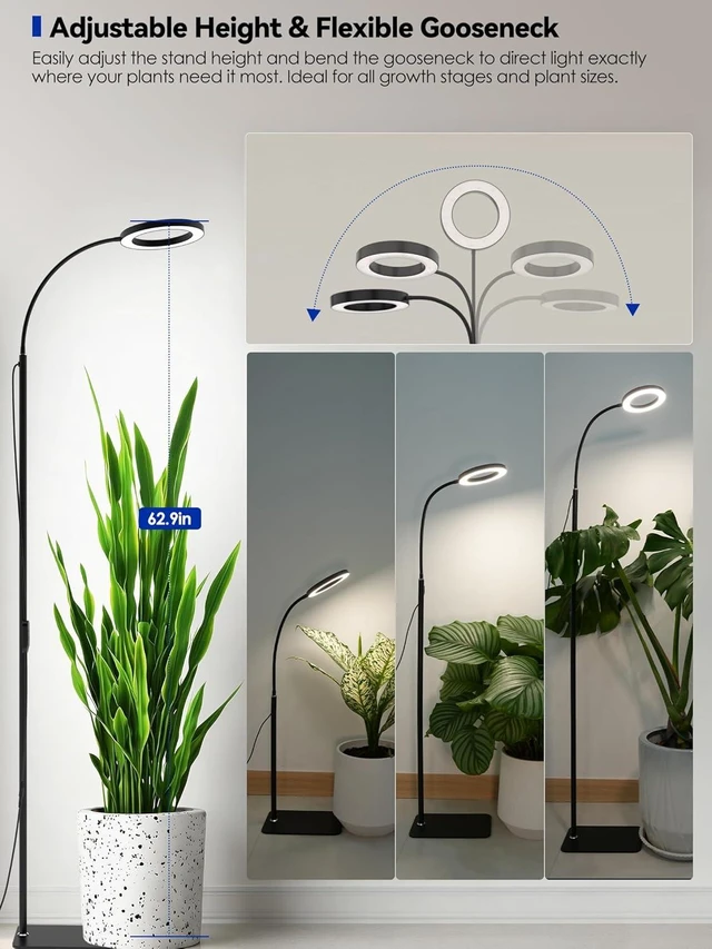 Alt view image 12 of 14 - GLOWRIUM Grow Lights for Indoor Plants, Full Spectrum LED Grow Light Floor Lamp with Stand Adjustable Height and Angle, Black Plant Light with 3/9/12H Grow Light Timer (Black, 20W)
