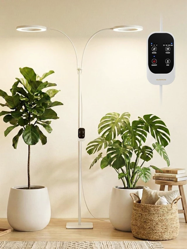 Alt view image 8 of 14 - GLOWRIUM 48W LED Dual-Head Grow Light for Indoor Plants, 23.5-71" Adjustable Height, 3-Growing Full Spectrum for Tall Plant Light, 3/9/12/16H Timer, 6-Level Dimming, Ideal for Large Tall Plants