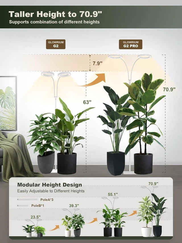 Alt view image 9 of 14 - GLOWRIUM 48W LED Dual-Head Grow Light for Indoor Plants, 23.5-71" Adjustable Height, 3-Growing Full Spectrum for Tall Plant Light, 3/9/12/16H Timer, 6-Level Dimming, Ideal for Large Tall Plants