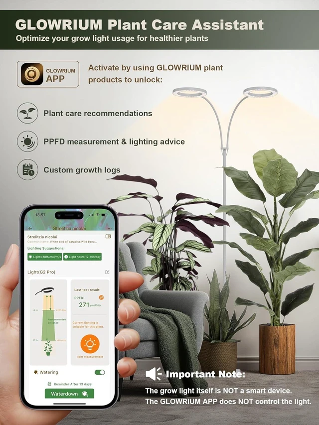 Alt view image 14 of 14 - GLOWRIUM 48W LED Dual-Head Grow Light for Indoor Plants, 23.5-71" Adjustable Height, 3-Growing Full Spectrum for Tall Plant Light, 3/9/12/16H Timer, 6-Level Dimming, Ideal for Large Tall Plants