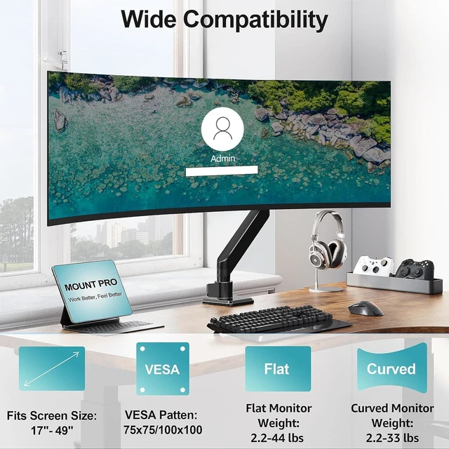 Alt view image 9 of 14 - MOUNT PRO Heavy Duty Monitor Arm for 49 inch Ultrawide Screen up to 44 lbs, Single Desk Computer Mount Curved Monitor Stand for Samsung Odyssey G9, Adjustable Gas Spring VESA Mount 75x75 100x100