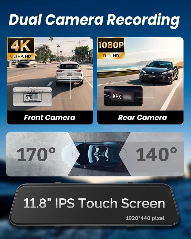 Alt view image 10 of 14 - 4K Rear View Mirror Camera with Carplay&Android Auto,12" Mirror Dash Cam Front and Rear with Voice Control for Cars&Trucks,Smart Touch Screen,64GB Card Included/Loop Record/Reverse Assist