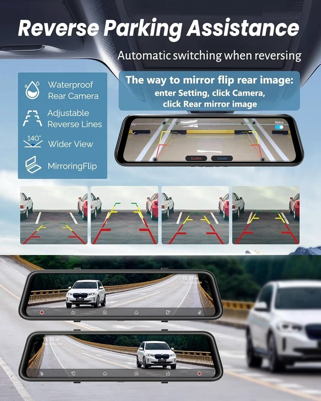 Alt view image 13 of 14 - 4K Rear View Mirror Camera with Carplay&Android Auto,12" Mirror Dash Cam Front and Rear with Voice Control for Cars&Trucks,Smart Touch Screen,64GB Card Included/Loop Record/Reverse Assist