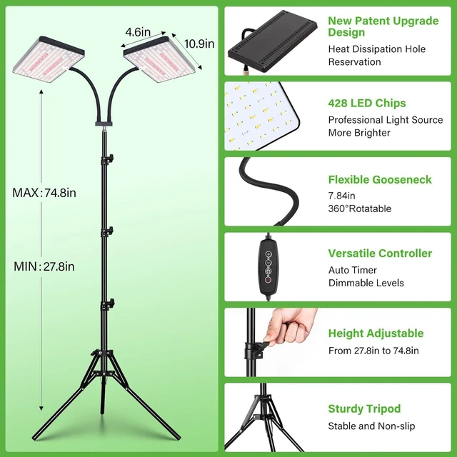 Alt view image 12 of 14 - LBW Latest Grow Light for Indoor Plants, 428 LED Dual-Head Full Spectrum Standing Plant Light, Floor Grow Lamp with 3/6/12H Timer, 6 Brightness Levels, 3 Switch Modes, 75" Adjustable Tripod Stand