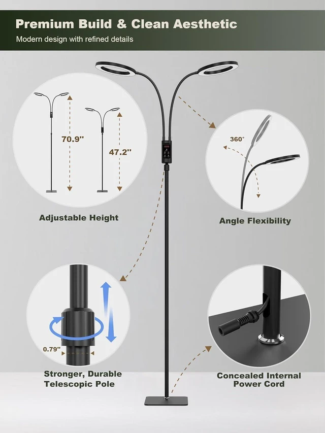 Alt view image 14 of 14 - GLOWRIUM Smart Grow Lights for Indoor Plants, 48W Full Spectrum Plant Lights with Bluetooth App, Adjustable Height 47-70.9", Auto Timer, Indoor Plant Lamp for Large Tall PlantsBlack 48W