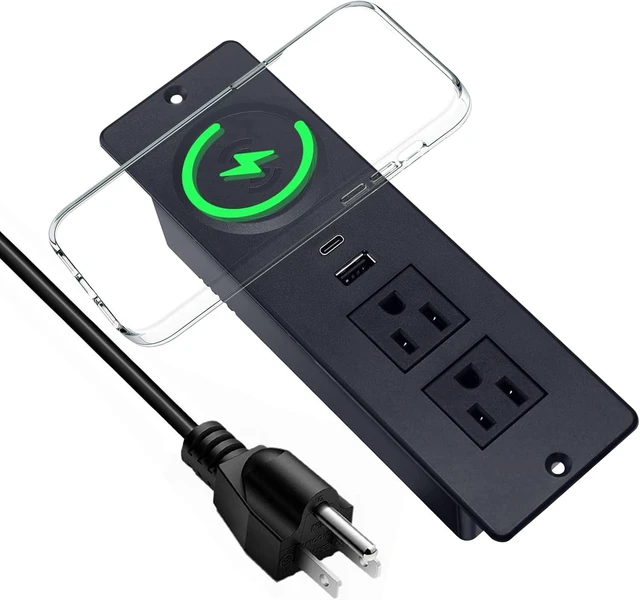 Main image of Recessed Power Strip with 15W Wireless Charger,Furniture Recessed Outlet with USB C Fast Charging,Desktop Charging Station & 2 Outlets,2 USB Ports Table Power Strip for Furniture, Home, Office.