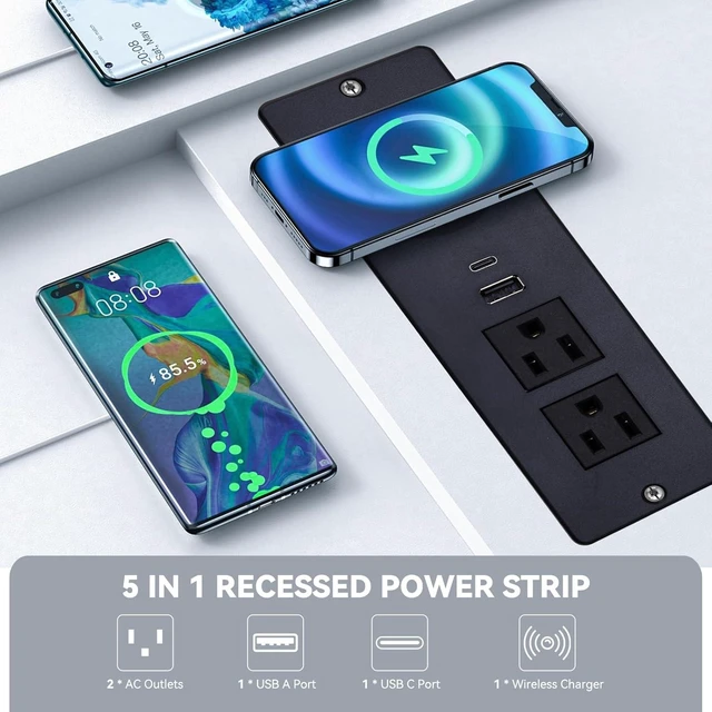 Alt view image 2 of 6 - Recessed Power Strip with 15W Wireless Charger,Furniture Recessed Outlet with USB C Fast Charging,Desktop Charging Station & 2 Outlets,2 USB Ports Table Power Strip for Furniture, Home, Office.