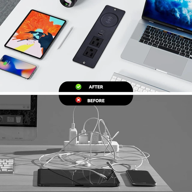 Alt view image 4 of 6 - Recessed Power Strip with 15W Wireless Charger,Furniture Recessed Outlet with USB C Fast Charging,Desktop Charging Station & 2 Outlets,2 USB Ports Table Power Strip for Furniture, Home, Office.
