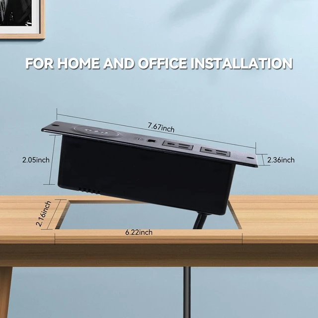 Alt view image 5 of 6 - Recessed Power Strip with 15W Wireless Charger,Furniture Recessed Outlet with USB C Fast Charging,Desktop Charging Station & 2 Outlets,2 USB Ports Table Power Strip for Furniture, Home, Office.