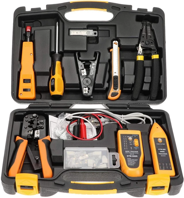 Alt view image 8 of 14 - Professional Network Tool Kit 15 In 1 - RJ45 Crimper Tool Cat 5 Cat6 Cable Tester, Gauge Wire Stripper Cutting Twisting Tool, Ethernet Punch Down Tool, Screwdriver, Knife