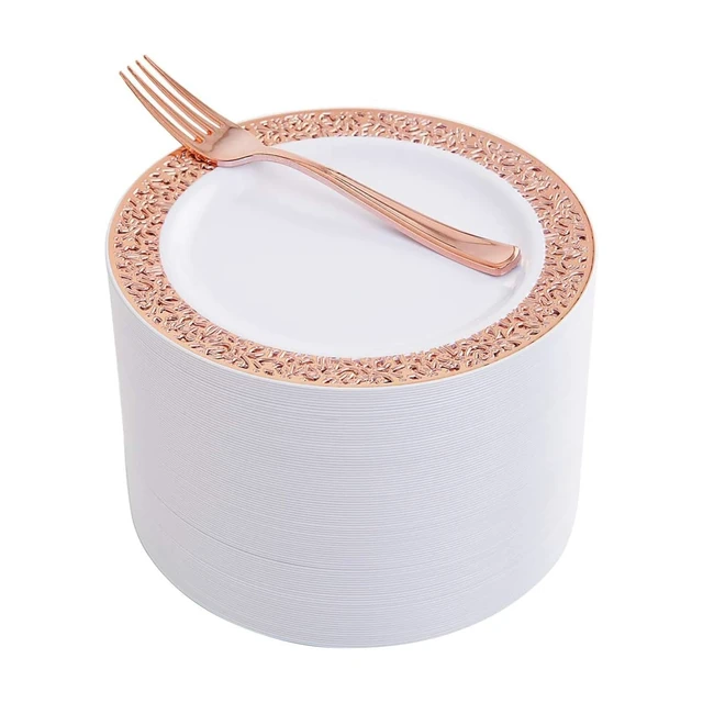 Alt view image 8 of 14 - WDF 200 Pieces Rose Gold Dessert Plates with Forks, 100Pcs Lace Design Cake Small Rose Gold Appetizer Plates 7.5" and 100 Pcs Forks 7.4" for Wedding/Party