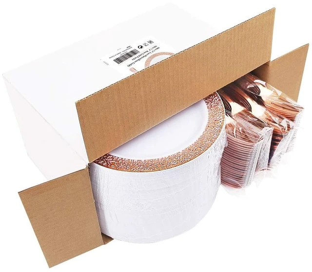 Alt view image 13 of 14 - WDF 200 Pieces Rose Gold Dessert Plates with Forks, 100Pcs Lace Design Cake Small Rose Gold Appetizer Plates 7.5" and 100 Pcs Forks 7.4" for Wedding/Party