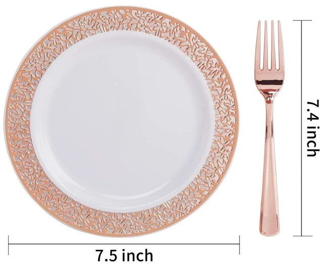 Alt view image 12 of 14 - WDF 200 Pieces Rose Gold Dessert Plates with Forks, 100Pcs Lace Design Cake Small Rose Gold Appetizer Plates 7.5" and 100 Pcs Forks 7.4" for Wedding/Party
