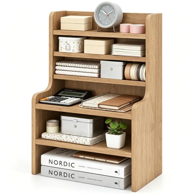 Alt view image 4 of 5 - Natural 6-Tier Desktop Storage Organizer, Adjustable Removable Shelves Wooden Desk Rack with Anti-Fall Baffles for Craft Supplies Stationery