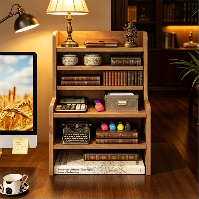 Alt view image 5 of 5 - Natural 6-Tier Desktop Storage Organizer, Adjustable Removable Shelves Wooden Desk Rack with Anti-Fall Baffles for Craft Supplies Stationery