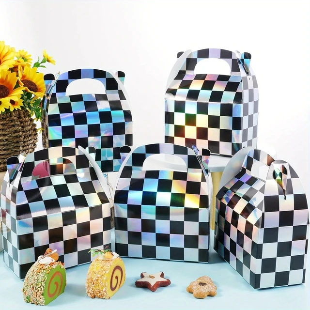 Alt view image 2 of 7 - 32pcs Iridescent Checkered Race Car Party Favor Gable Boxes | Paper Black and Iridescent Car Goodie Treat Boxes, Racecar Laser Plaid Gift Box for Fast Race Cars Birthday Party Decorations, Suitable