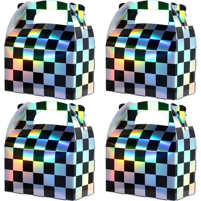 Main image of 32pcs Iridescent Checkered Race Car Party Favor Gable Boxes | Paper Black and Iridescent Car Goodie Treat Boxes, Racecar Laser Plaid Gift Box for Fast Race Cars Birthday Party Decorations, Suitable