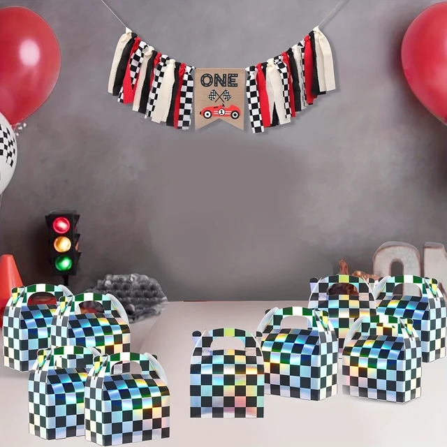 Alt view image 4 of 7 - 32pcs Iridescent Checkered Race Car Party Favor Gable Boxes | Paper Black and Iridescent Car Goodie Treat Boxes, Racecar Laser Plaid Gift Box for Fast Race Cars Birthday Party Decorations, Suitable