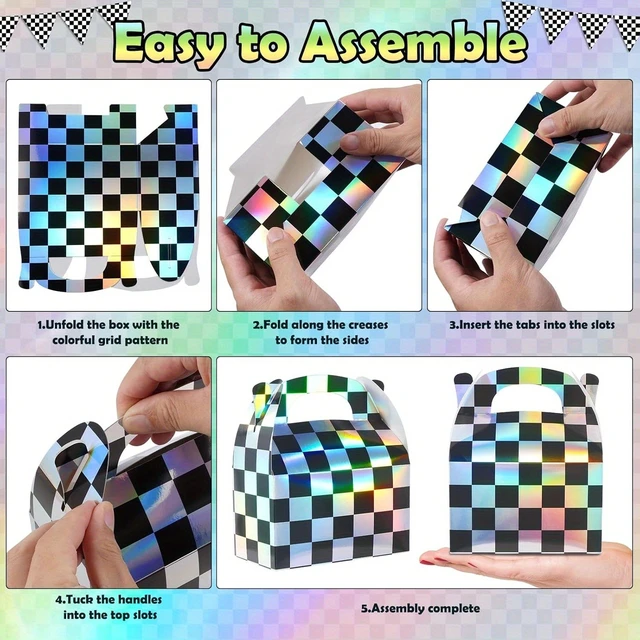 Alt view image 3 of 7 - 32pcs Iridescent Checkered Race Car Party Favor Gable Boxes | Paper Black and Iridescent Car Goodie Treat Boxes, Racecar Laser Plaid Gift Box for Fast Race Cars Birthday Party Decorations, Suitable