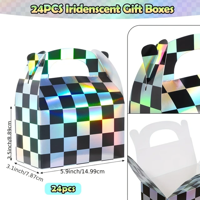 Alt view image 5 of 7 - 32pcs Iridescent Checkered Race Car Party Favor Gable Boxes | Paper Black and Iridescent Car Goodie Treat Boxes, Racecar Laser Plaid Gift Box for Fast Race Cars Birthday Party Decorations, Suitable