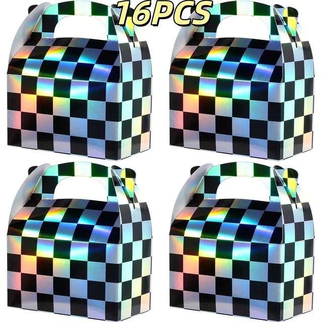 Alt view image 6 of 7 - 32pcs Iridescent Checkered Race Car Party Favor Gable Boxes | Paper Black and Iridescent Car Goodie Treat Boxes, Racecar Laser Plaid Gift Box for Fast Race Cars Birthday Party Decorations, Suitable