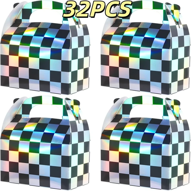 Alt view image 7 of 7 - 32pcs Iridescent Checkered Race Car Party Favor Gable Boxes | Paper Black and Iridescent Car Goodie Treat Boxes, Racecar Laser Plaid Gift Box for Fast Race Cars Birthday Party Decorations, Suitable