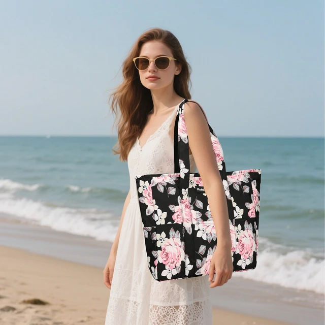 Alt view image 6 of 7 - Lady's travel beach bag, handbag, flower and leaf pattern