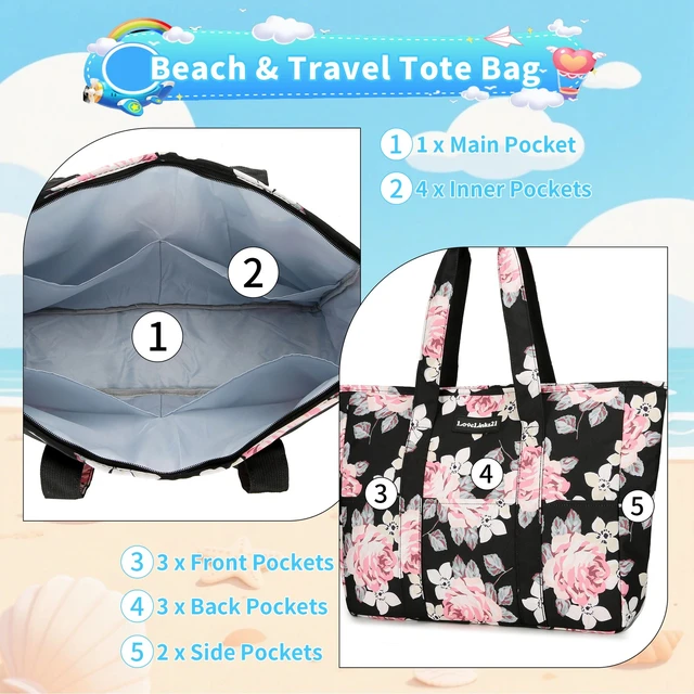 Alt view image 7 of 7 - Lady's travel beach bag, handbag, flower and leaf pattern