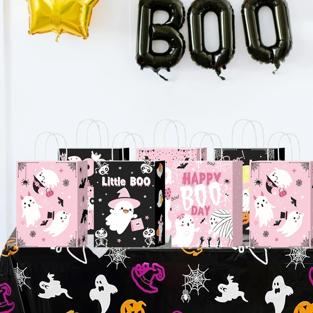 Alt view image 3 of 7 - 16Pink Ghost Halloween Paper Gift Bags With Handles, Cute Spooky Ghost Candy Treat Goodie Favor Bags for Halloween Birthday Baby Shower Party Supplies Decorations
