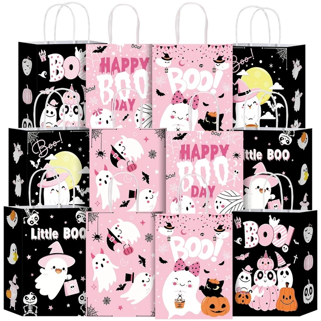 Alt view image 2 of 7 - 16Pink Ghost Halloween Paper Gift Bags With Handles, Cute Spooky Ghost Candy Treat Goodie Favor Bags for Halloween Birthday Baby Shower Party Supplies Decorations