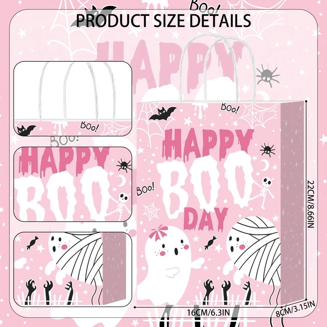 Alt view image 4 of 7 - 16Pink Ghost Halloween Paper Gift Bags With Handles, Cute Spooky Ghost Candy Treat Goodie Favor Bags for Halloween Birthday Baby Shower Party Supplies Decorations