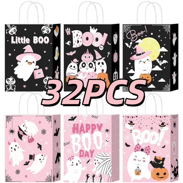 Alt view image 5 of 7 - 16Pink Ghost Halloween Paper Gift Bags With Handles, Cute Spooky Ghost Candy Treat Goodie Favor Bags for Halloween Birthday Baby Shower Party Supplies Decorations