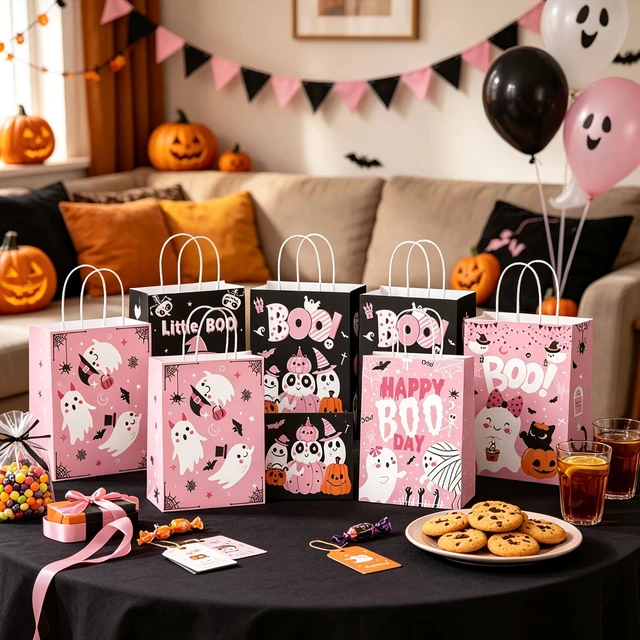 Alt view image 6 of 7 - 16Pink Ghost Halloween Paper Gift Bags With Handles, Cute Spooky Ghost Candy Treat Goodie Favor Bags for Halloween Birthday Baby Shower Party Supplies Decorations