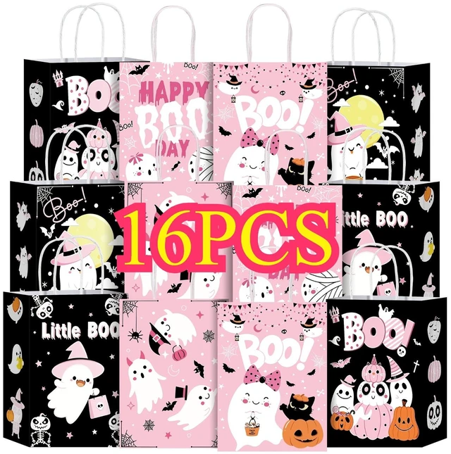 Main image of 16Pink Ghost Halloween Paper Gift Bags With Handles, Cute Spooky Ghost Candy Treat Goodie Favor Bags for Halloween Birthday Baby Shower Party Supplies Decorations