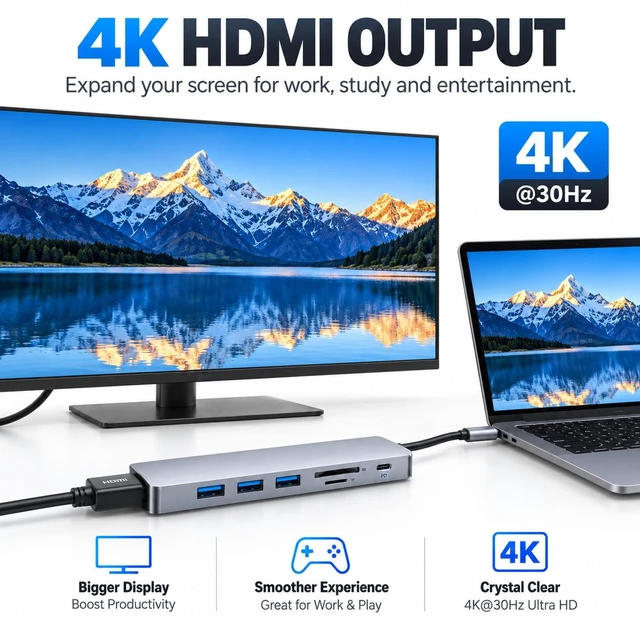Alt view image 3 of 6 - 7-in-1 USB C Hub Multiport Adapter with HDMI, 3 USB Ports, PD Charging, SD/TF Card Reader for Laptop