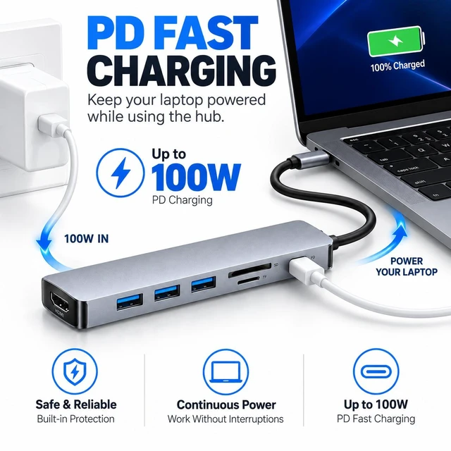 Alt view image 2 of 6 - 7-in-1 USB C Hub Multiport Adapter with HDMI, 3 USB Ports, PD Charging, SD/TF Card Reader for Laptop