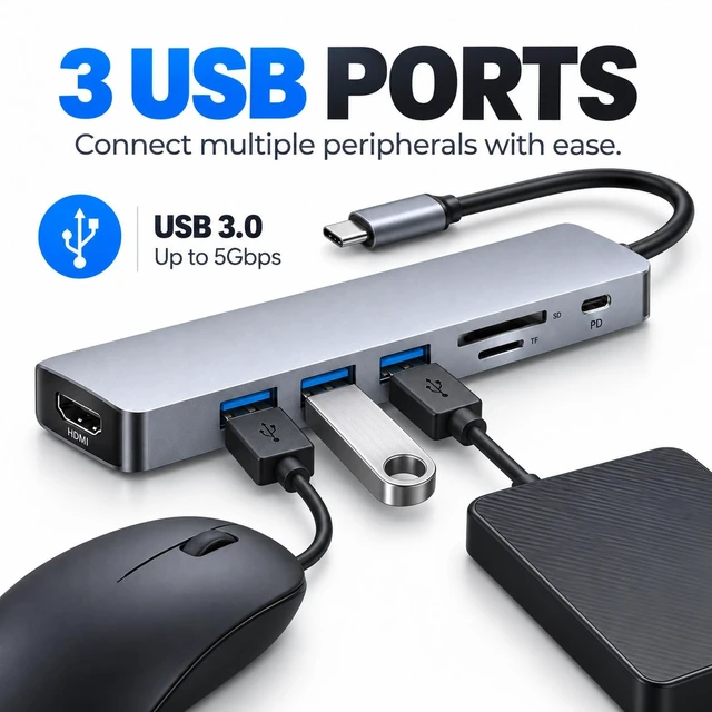 Alt view image 4 of 6 - 7-in-1 USB C Hub Multiport Adapter with HDMI, 3 USB Ports, PD Charging, SD/TF Card Reader for Laptop