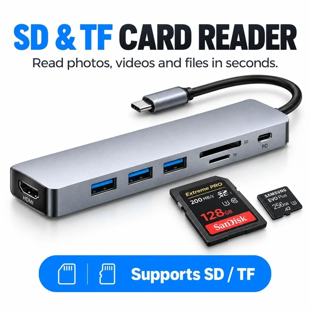 Alt view image 5 of 6 - 7-in-1 USB C Hub Multiport Adapter with HDMI, 3 USB Ports, PD Charging, SD/TF Card Reader for Laptop