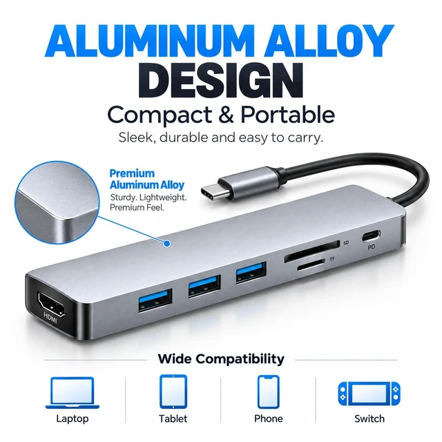 Alt view image 6 of 6 - 7-in-1 USB C Hub Multiport Adapter with HDMI, 3 USB Ports, PD Charging, SD/TF Card Reader for Laptop