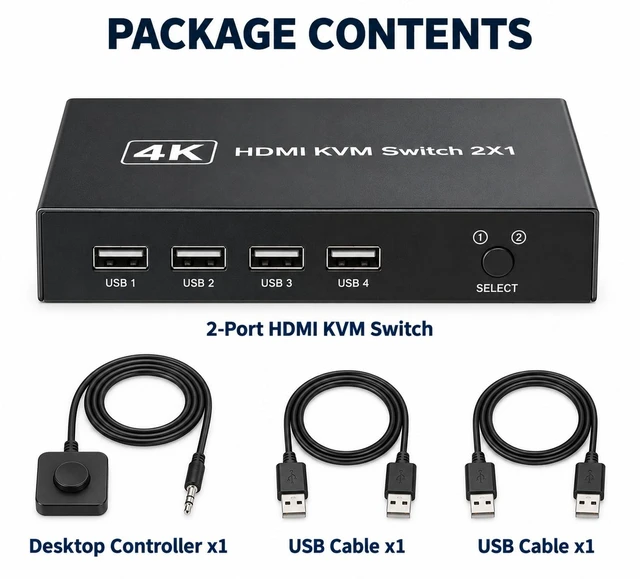 Main image of 4K HDMI USB KVM Switch, 2-Port PC Sharing Switch for One Monitor, Keyboard and Mouse, with Desktop Controller