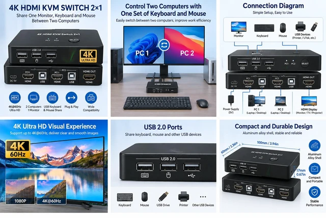 Alt view image 6 of 6 - 4K HDMI USB KVM Switch, 2-Port PC Sharing Switch for One Monitor, Keyboard and Mouse, with Desktop Controller