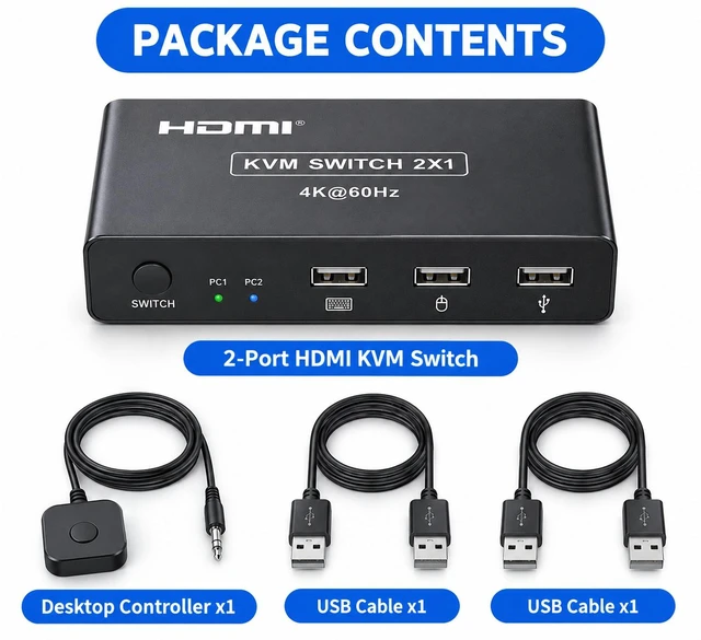 Alt view image 4 of 6 - 4K HDMI USB KVM Switch, 2-Port PC Sharing Switch for One Monitor, Keyboard and Mouse, with Desktop Controller