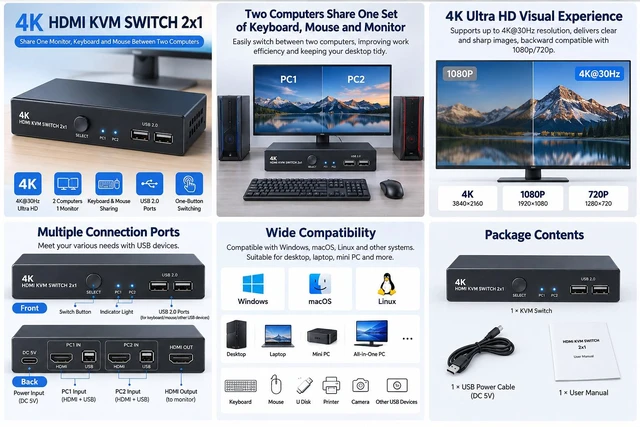 Alt view image 5 of 6 - 4K HDMI USB KVM Switch, 2-Port PC Sharing Switch for One Monitor, Keyboard and Mouse, with Desktop Controller