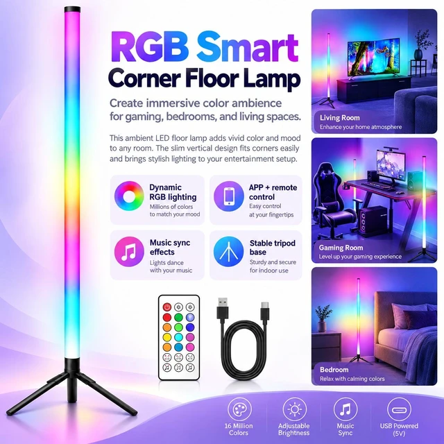 Alt view image 2 of 7 - RGB LED Ambient Floor Lamp with APP & Remote Control, Music Sync, Dimmable Color-Changing Corner Light for Gaming Room & Bedroom